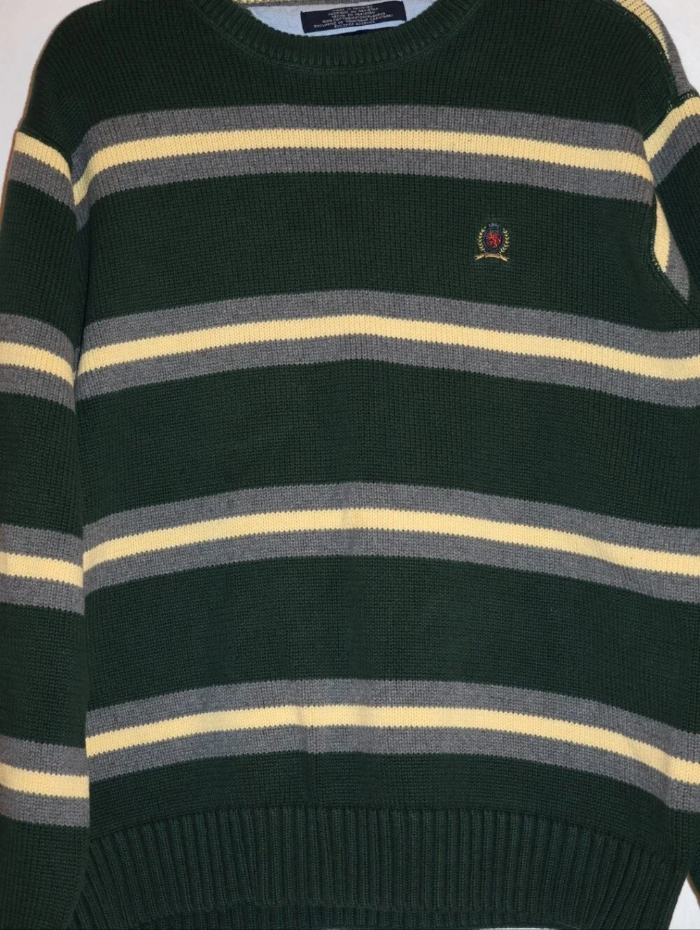 Vintage Tommy Hilfiger Forest Green Striped, Cotton Crewneck Sweater.
